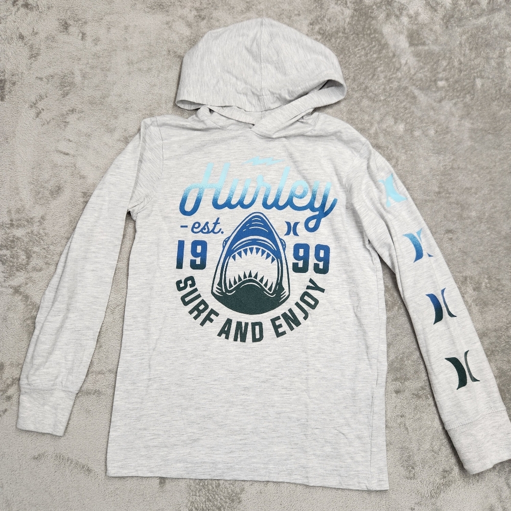 Hurley Long Sleeve Hooded Tee - Shark Surf Graphic, Size Medium, Great Condition